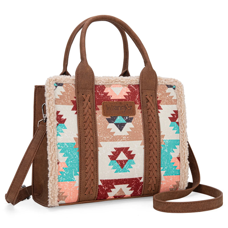 Load image into Gallery viewer, WG166G-8120BR - Wrangler Sherpa Southwestern Print Small Canvas Tote/Crossbody - Brown
