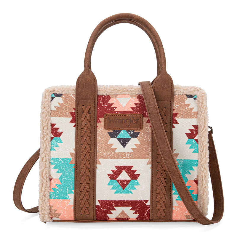 Load image into Gallery viewer, WG166G-8120BR - Wrangler Sherpa Southwestern Print Small Canvas Tote/Crossbody - Brown
