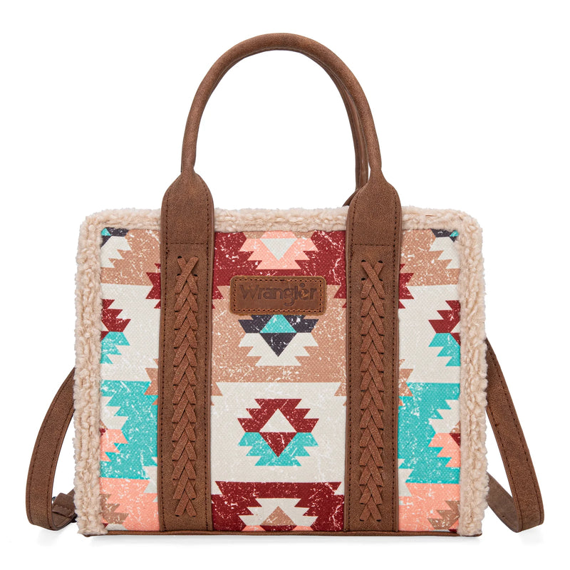 Load image into Gallery viewer, WG166G-8120BR - Wrangler Sherpa Southwestern Print Small Canvas Tote/Crossbody - Brown
