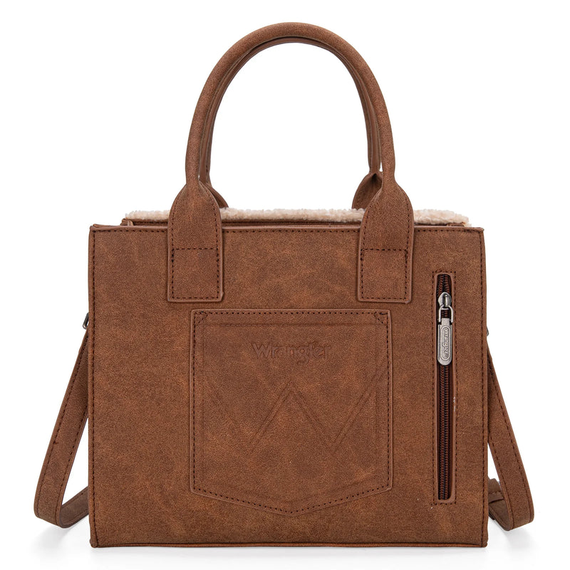 Load image into Gallery viewer, WG166G-8120BR - Wrangler Sherpa Southwestern Print Small Canvas Tote/Crossbody - Brown
