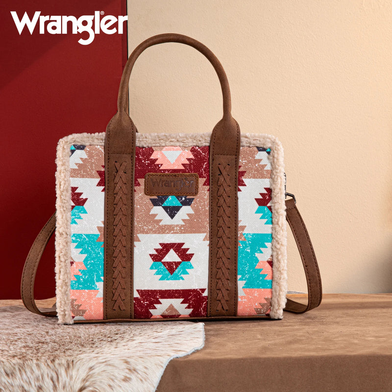 Load image into Gallery viewer, WG166G-8120BR - Wrangler Sherpa Southwestern Print Small Canvas Tote/Crossbody - Brown
