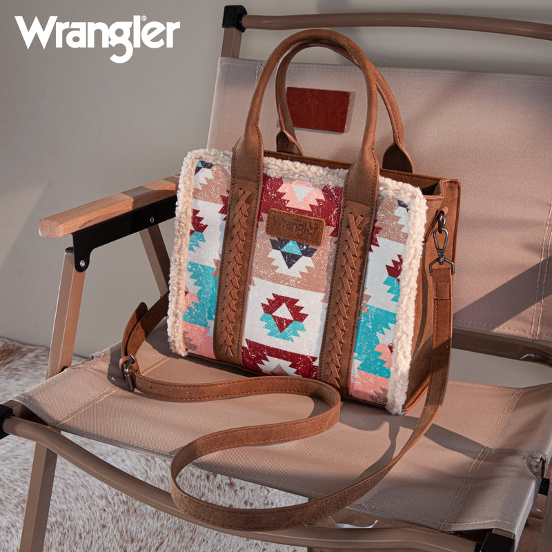 Load image into Gallery viewer, WG166G-8120BR - Wrangler Sherpa Southwestern Print Small Canvas Tote/Crossbody - Brown
