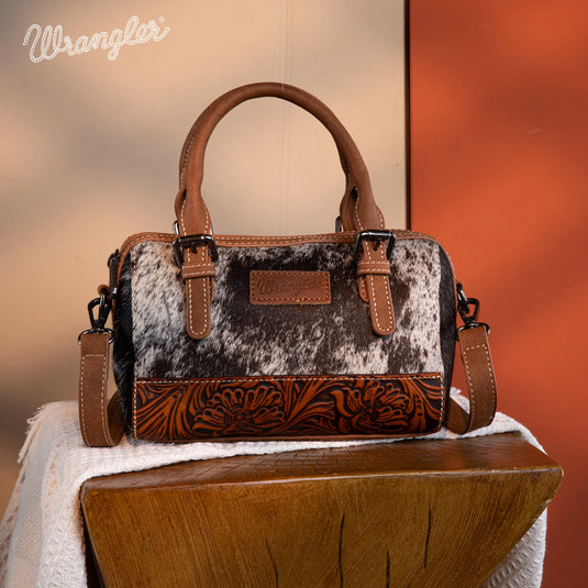 WG169-2025BR - Wrangler Genuine Hair-On Cowhide Barrel Bag/Crossbody - Brown