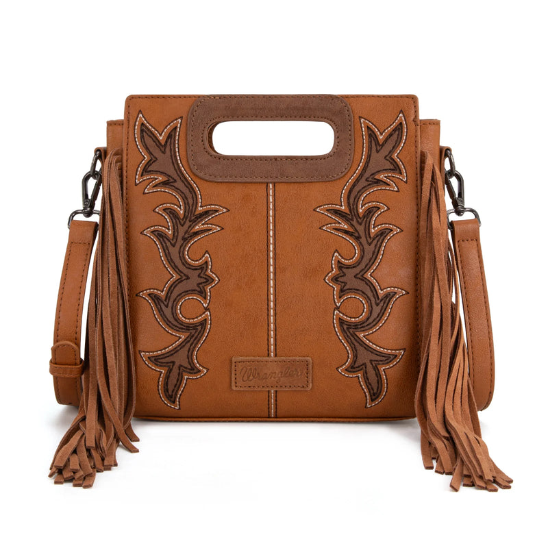 Load image into Gallery viewer, WG193-2003BR - Wrangler Top Handle Boot Scroll Fringe Tote/Crossbody -Brown
