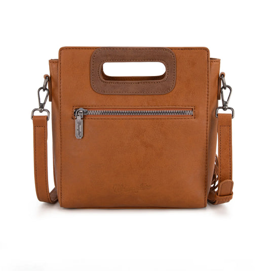 WG193-2003BR - Wrangler Top Handle Boot Scroll Fringe Tote/Crossbody -Brown