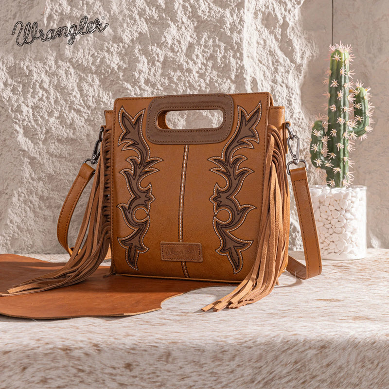 Load image into Gallery viewer, WG193-2003BR - Wrangler Top Handle Boot Scroll Fringe Tote/Crossbody -Brown
