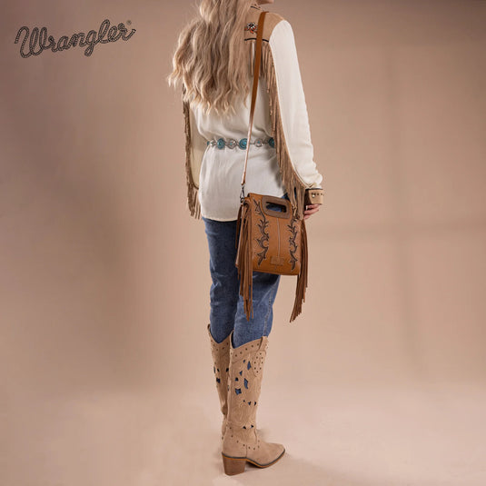 WG193-2003BR - Wrangler Top Handle Boot Scroll Fringe Tote/Crossbody -Brown