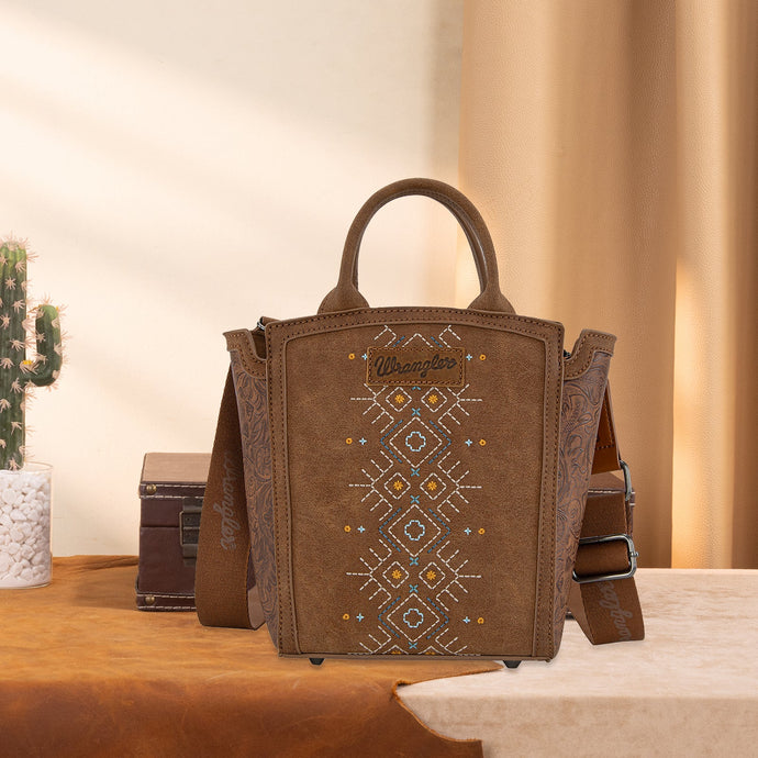 WG211-8014BR - Wrangler Aztec Embroidered Floral Embossed Tote/Crossbody