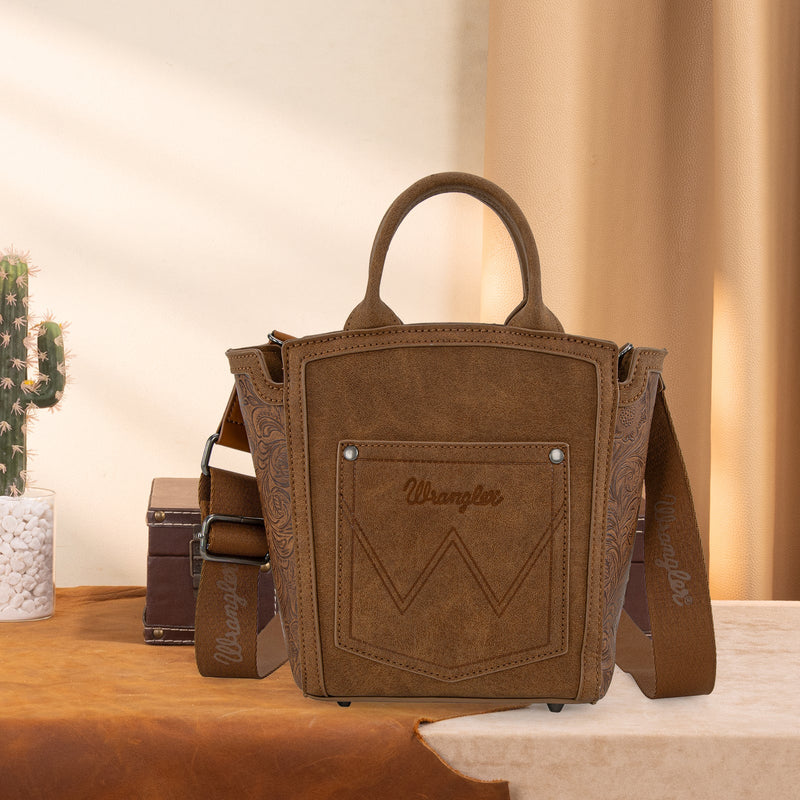 Load image into Gallery viewer, WG211-8014BR - Wrangler Aztec Embroidered Floral Embossed Tote/Crossbody
