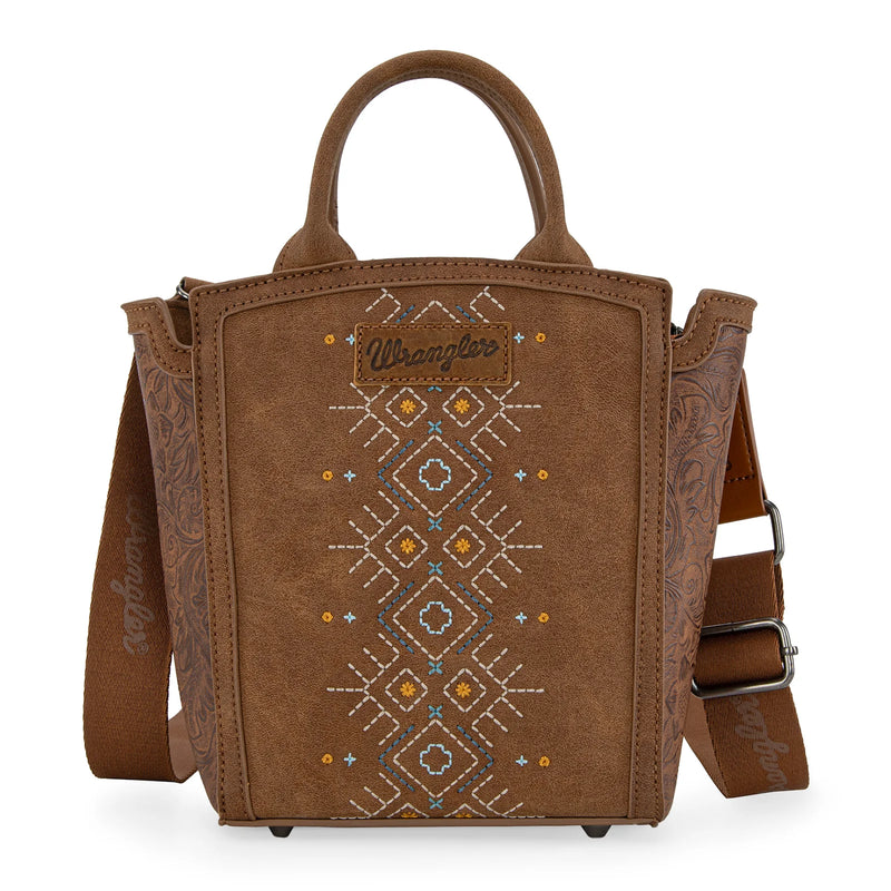 Load image into Gallery viewer, WG211-8014BR - Wrangler Aztec Embroidered Floral Embossed Tote/Crossbody

