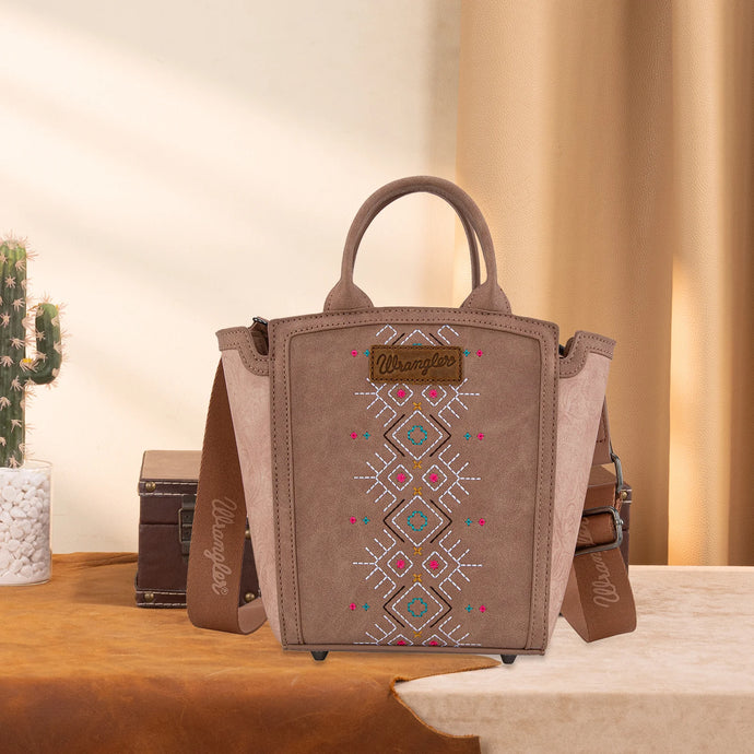 WG211-8014DPK - Wrangler Aztec Embroidered Floral Embossed Tote/Crossbody