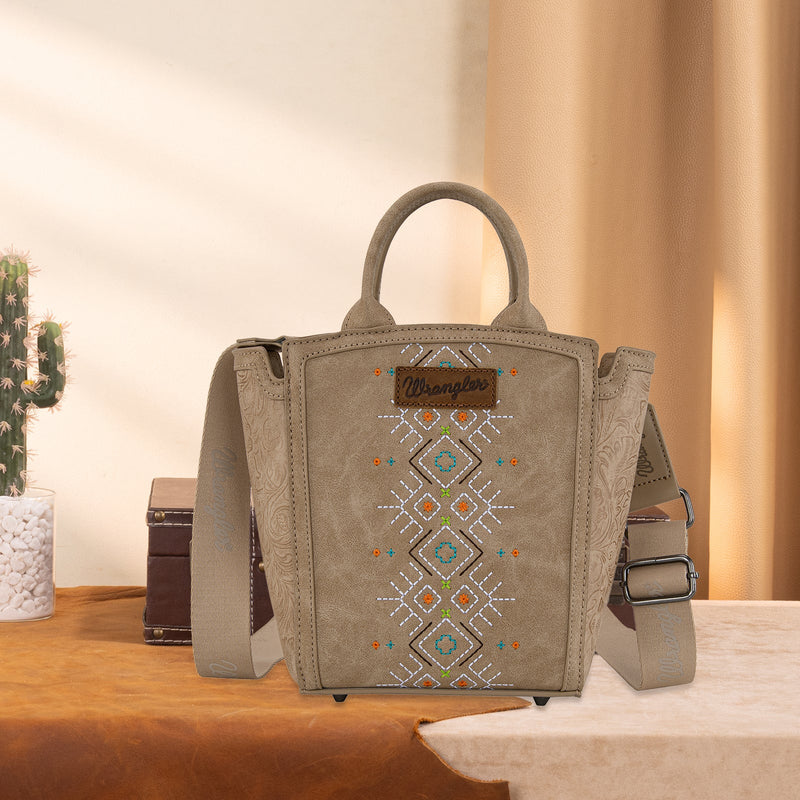 Load image into Gallery viewer, WG211-8014TN - Wrangler Aztec Embroidered Floral Embossed Tote/Crossbody
