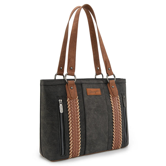 WG217-2002BK - Wrangler Braided Whipstitch Zippered Tote - Black