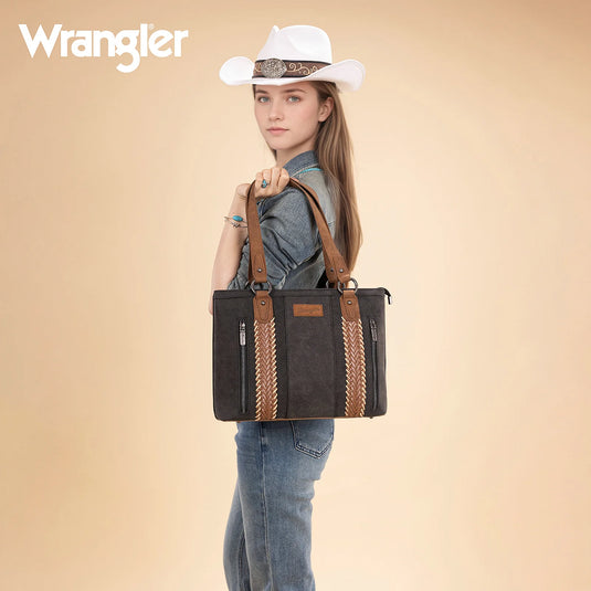 WG217-2002BK - Wrangler Braided Whipstitch Zippered Tote - Black