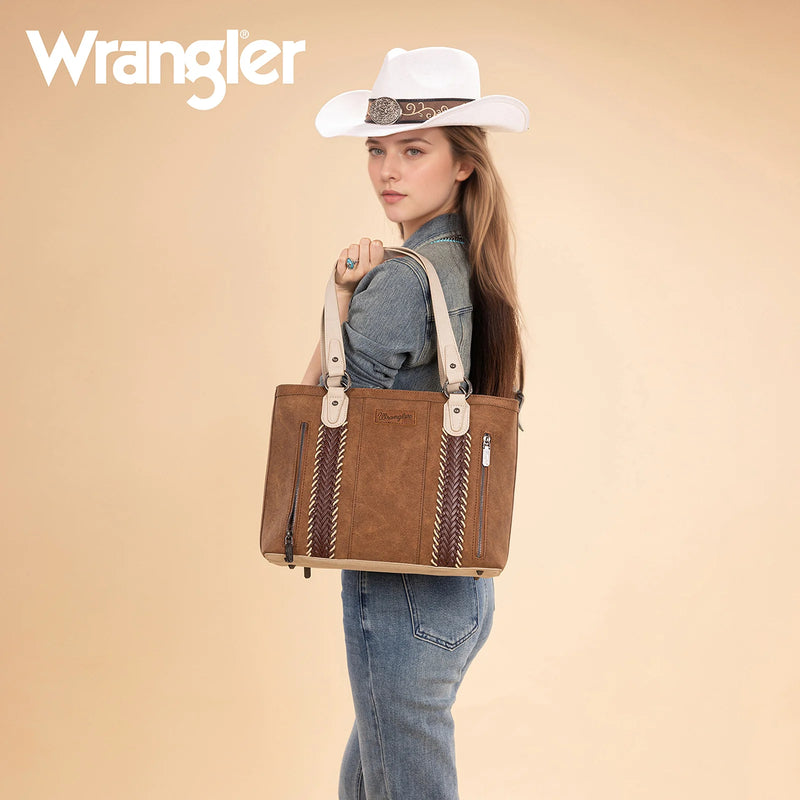 Load image into Gallery viewer, WG217-2002BR - Wrangler Braided Whipstitch Zippered Tote - Brown
