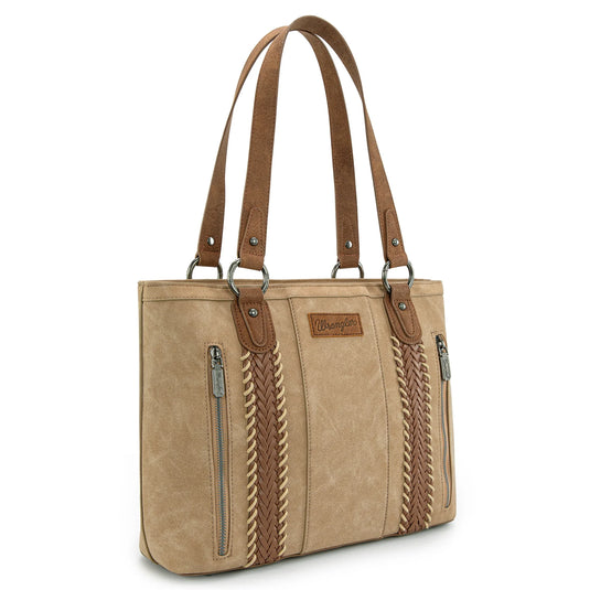 WG217-2002TN - Wrangler Braided Whipstitch Zippered Tote - Tan
