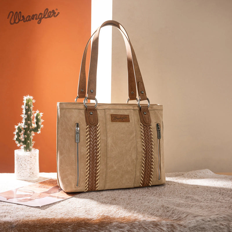 Load image into Gallery viewer, WG217-2002TN - Wrangler Braided Whipstitch Zippered Tote - Tan
