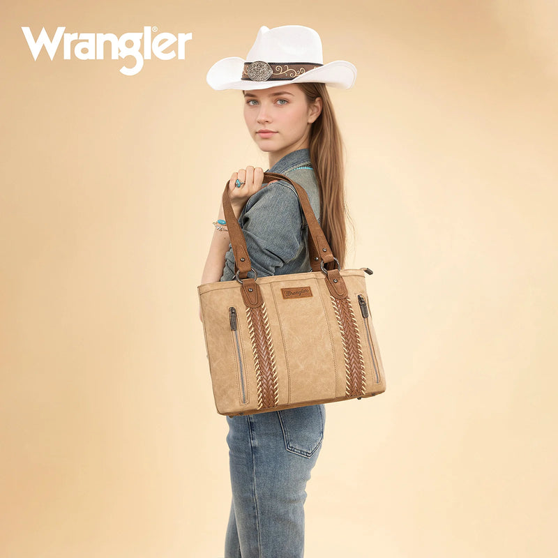 Load image into Gallery viewer, WG217-2002TN - Wrangler Braided Whipstitch Zippered Tote - Tan
