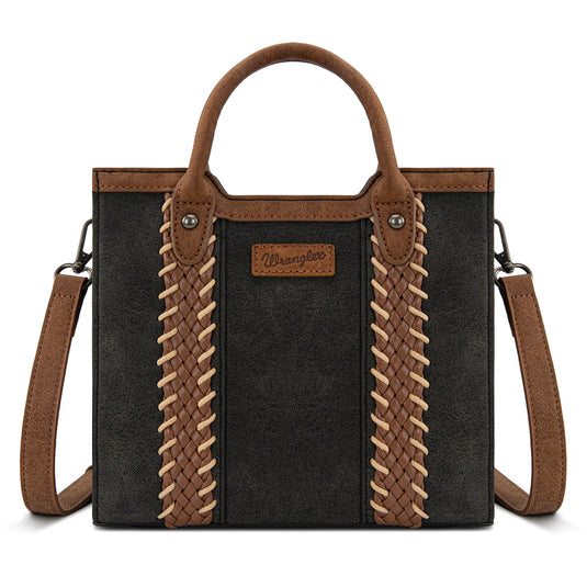 WG217-889BK - Wrangler Black Braided Whipstitch Top Handle Small Tote/Crossbody