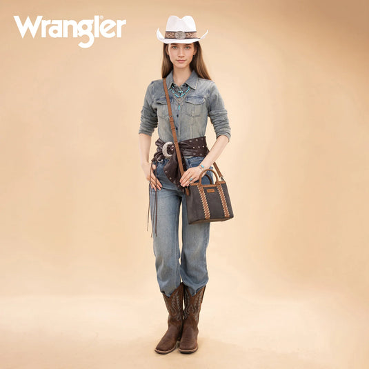 WG217-889BK - Wrangler Black Braided Whipstitch Top Handle Small Tote/Crossbody