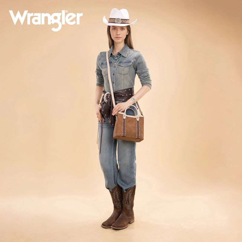 Load image into Gallery viewer, WG217-889BR - Wrangler Brown Braided Whipstitch Top Handle Small Tote/Crossbody
