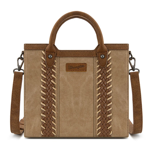 WG217-889TN - Wrangler Tan Braided Whipstitch Top Handle Small Tote/Crossbody