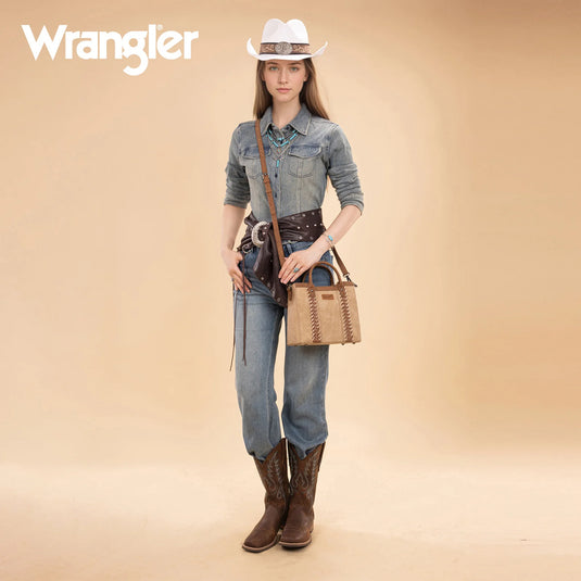 WG217-889TN - Wrangler Tan Braided Whipstitch Top Handle Small Tote/Crossbody