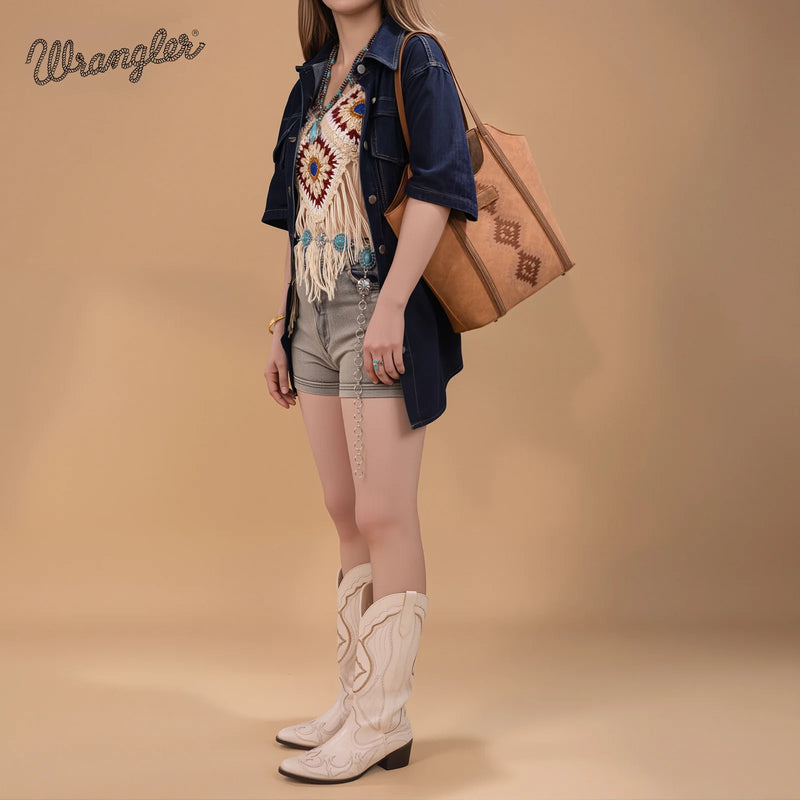 Load image into Gallery viewer, WG218-8250BR - Wrangler Aztec Embroidered Tote Bag - Brown
