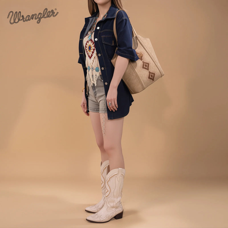 Load image into Gallery viewer, WG218-8250TN - Wrangler Aztec Embroidered Tote Bag - Tan
