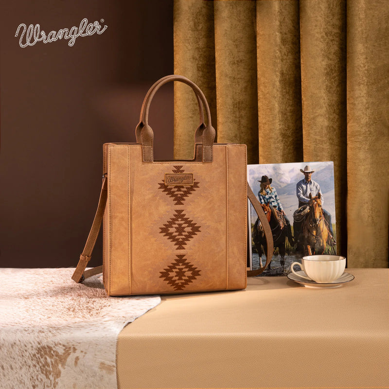 Load image into Gallery viewer, WG218-8900BR - Wrangler Aztec Embroidered Tote Bag/Crossbody- Brown
