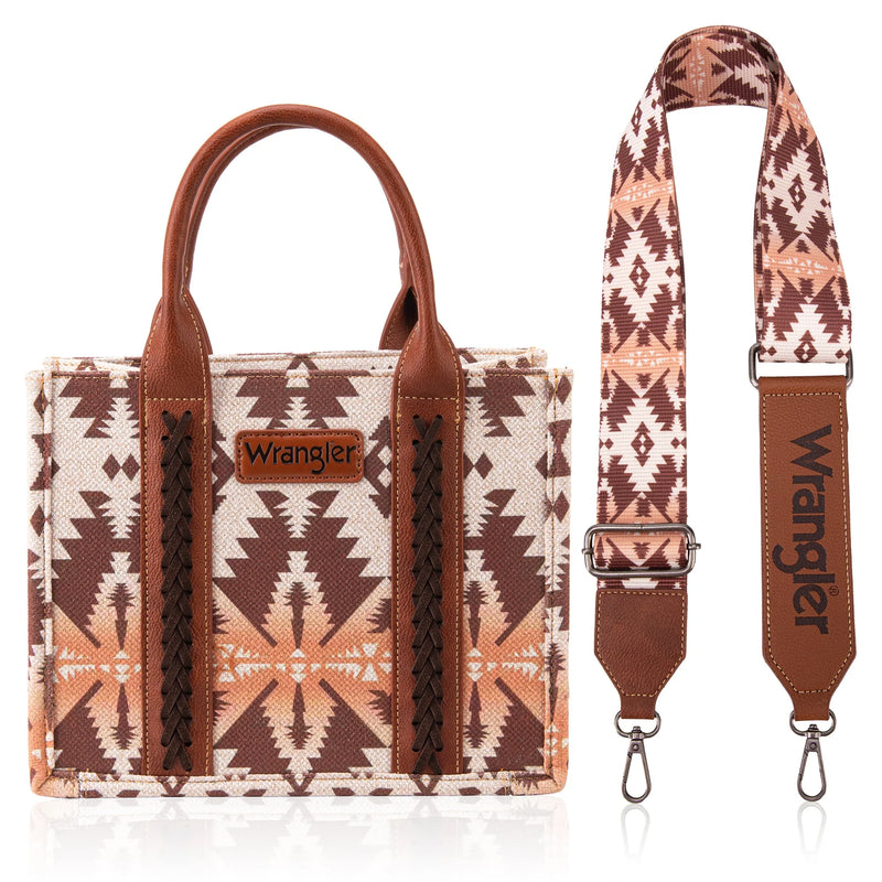 Load image into Gallery viewer, WG2203-8120SLCF - Wrangler Southwestern Print Small Canvas Tote/Crossbody - Light Coffee
