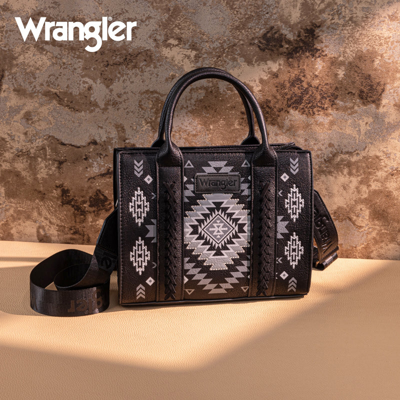 Load image into Gallery viewer, WG2206-8120SBK - Wrangler Aztec Pattern Print -Tote/Crossbody - Black
