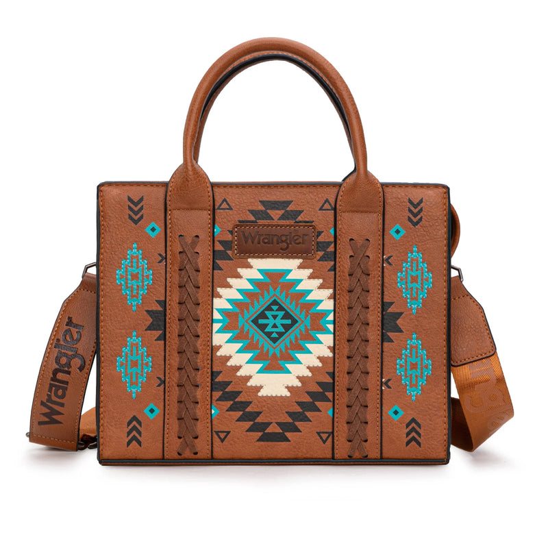 Load image into Gallery viewer, WG2206-8120SBR - Wrangler Aztec Pattern Print -Tote/Crossbody - Brown
