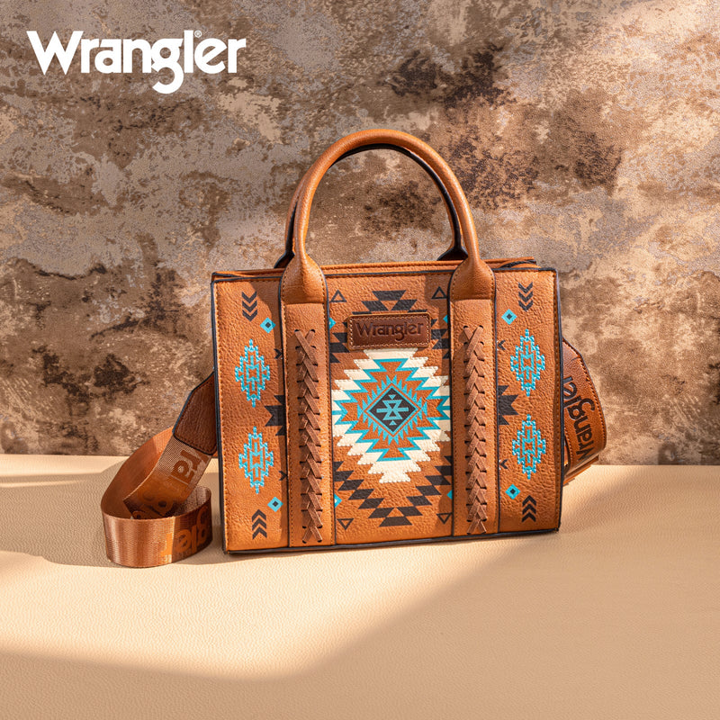 Load image into Gallery viewer, WG2206-8120SBR - Wrangler Aztec Pattern Print -Tote/Crossbody - Brown
