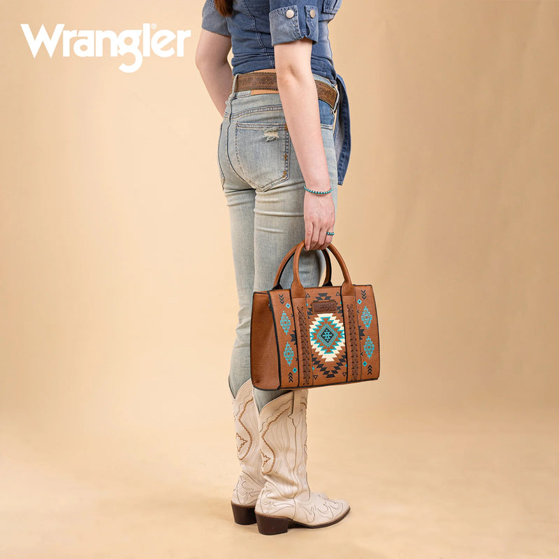 Load image into Gallery viewer, WG2206-8120SBR - Wrangler Aztec Pattern Print -Tote/Crossbody - Brown
