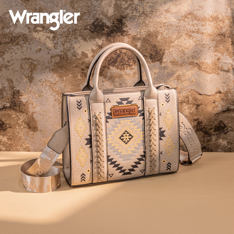 Load image into Gallery viewer, WG2206-8120SKH - Wrangler Aztec Pattern Print -Tote/Crossbody - Khaki
