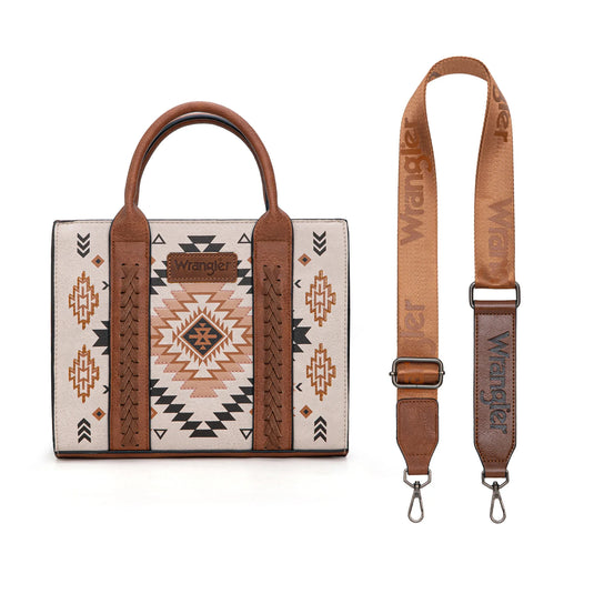 WG2206-8120STN - Wrangler Aztec Pattern Print -Tote/Crossbody - Tan