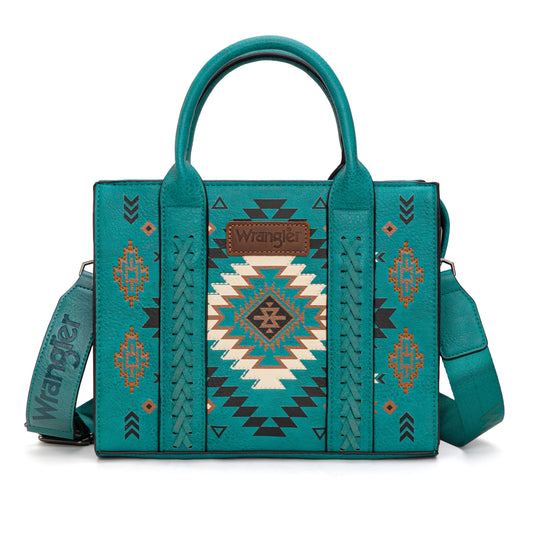 WG2206-8120STQ - Wrangler Aztec Pattern Print -Tote/Crossbody - Turquoise