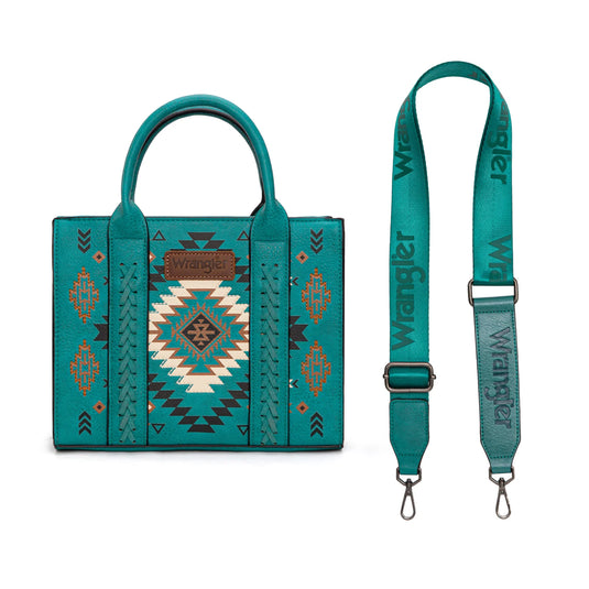 WG2206-8120STQ - Wrangler Aztec Pattern Print -Tote/Crossbody - Turquoise
