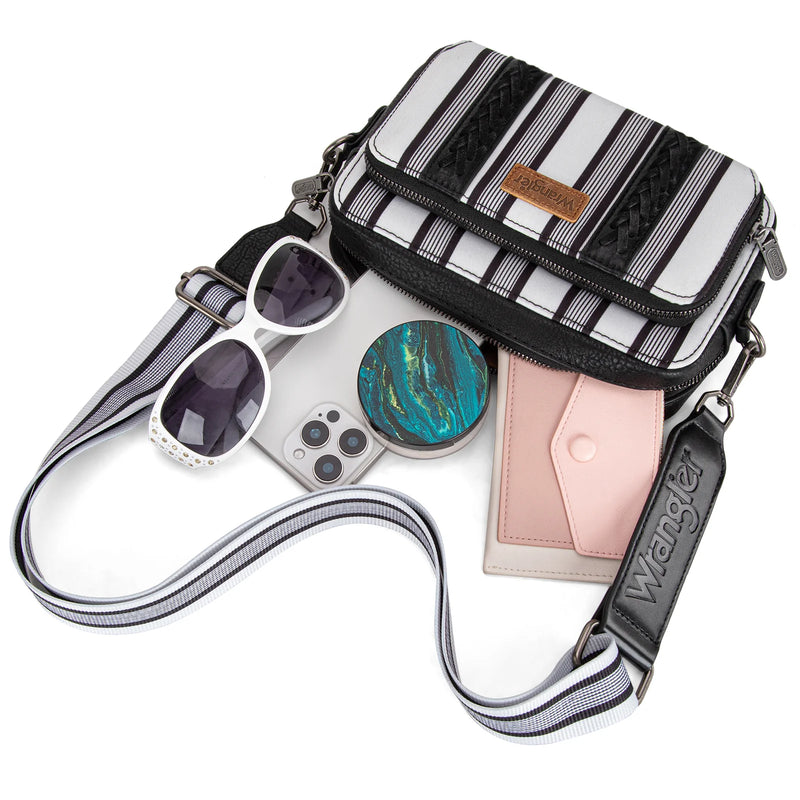Load image into Gallery viewer, WG2207-3006BK - Wrangler Stripe Printed Crossbody Purse W/ Wallet Compartment
