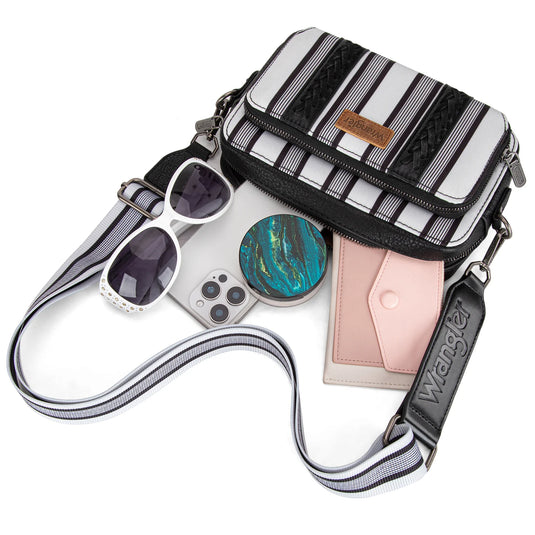 WG2207-3006BK - Wrangler Stripe Printed Crossbody Purse W/ Wallet Compartment