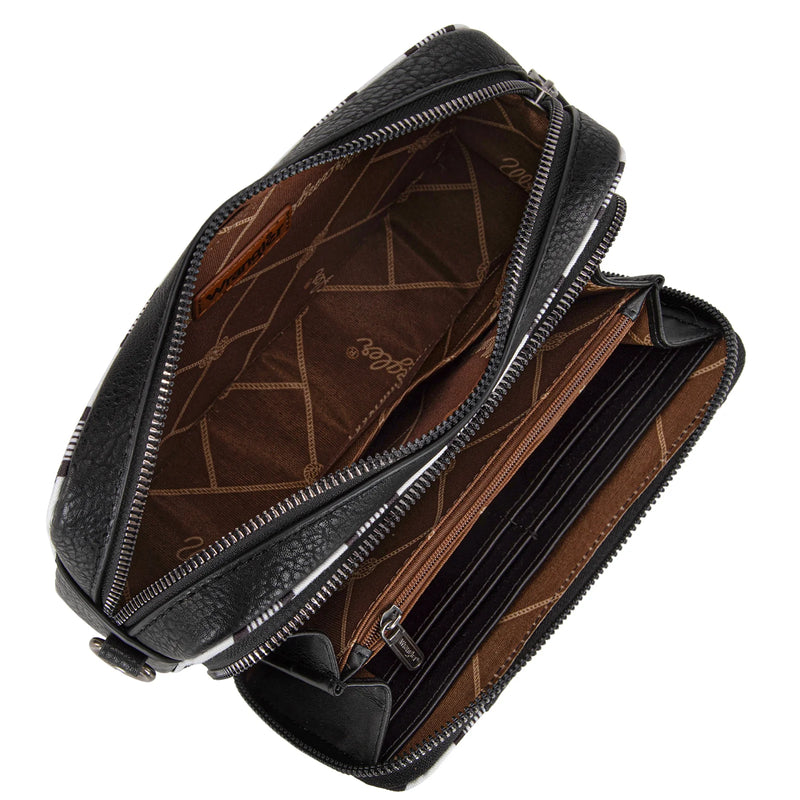 Load image into Gallery viewer, WG2207-3006BK - Wrangler Stripe Printed Crossbody Purse W/ Wallet Compartment
