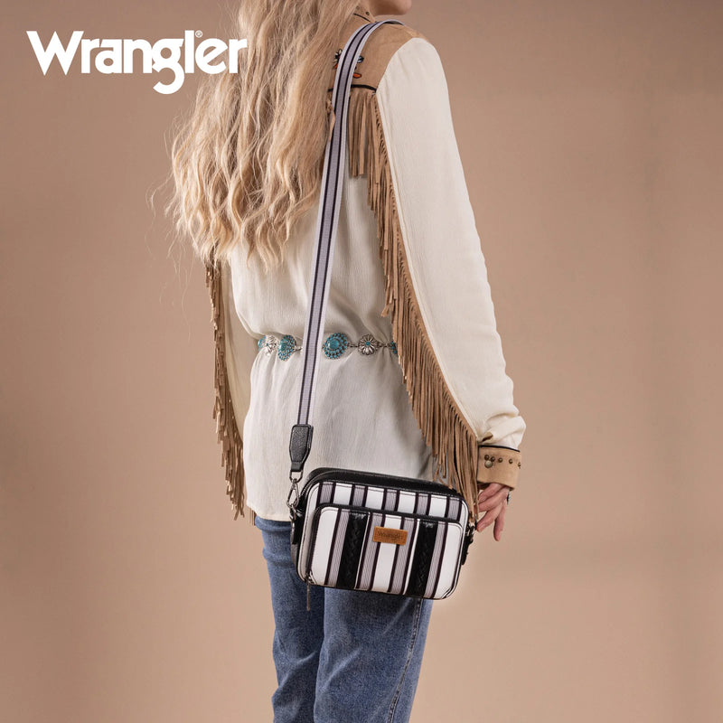 Load image into Gallery viewer, WG2207-3006BK - Wrangler Stripe Printed Crossbody Purse W/ Wallet Compartment
