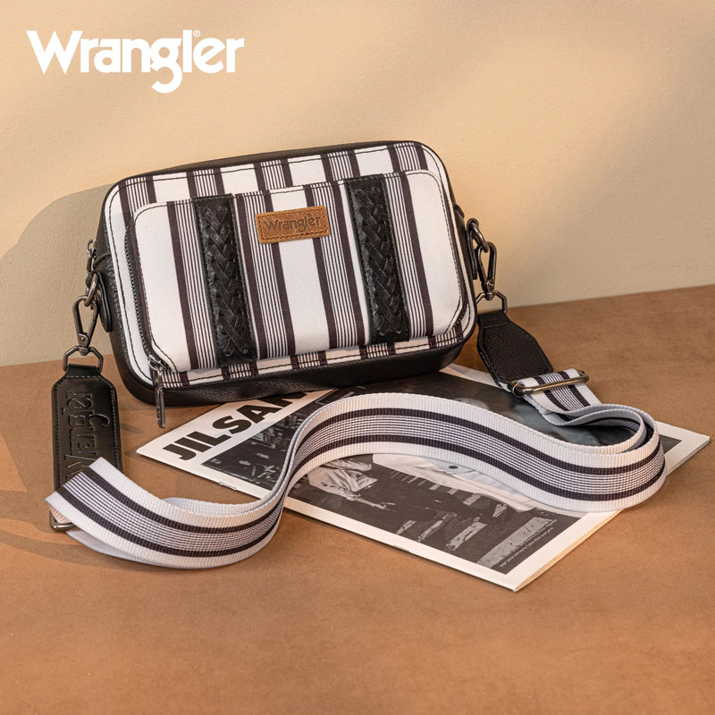 Load image into Gallery viewer, WG2207-3006BK - Wrangler Stripe Printed Crossbody Purse W/ Wallet Compartment
