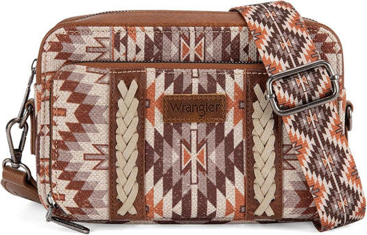 WG2207-3006BR - Wrangler Stripe Printed Crossbody Purse W/ Wallet Compartment