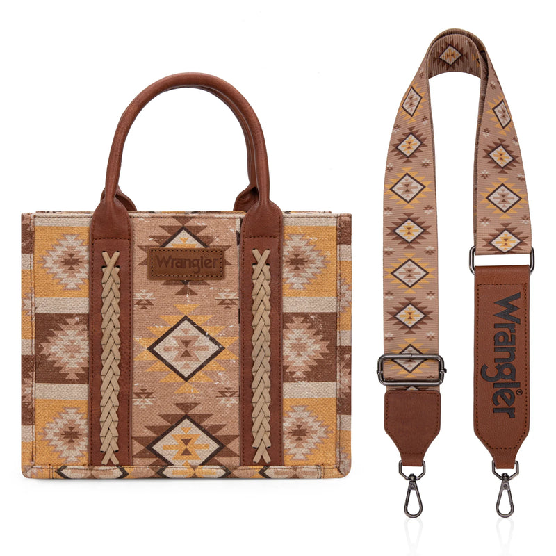Load image into Gallery viewer, WG2209-8120SLBR - Wrangler Aztec Pattern Dual Sided Print -Tote/Crossbody - Light Brown
