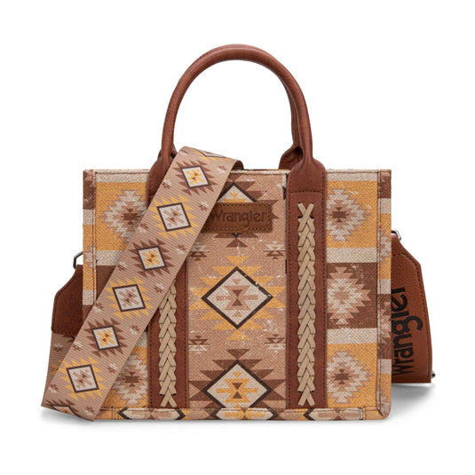 WG2209-8120SLBR - Wrangler Aztec Pattern Dual Sided Print -Tote/Crossbody - Light Brown