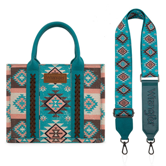 WG2209-8120STQ - Wrangler Aztec Pattern Dual Sided Print -Tote/Crossbody -Turquoise