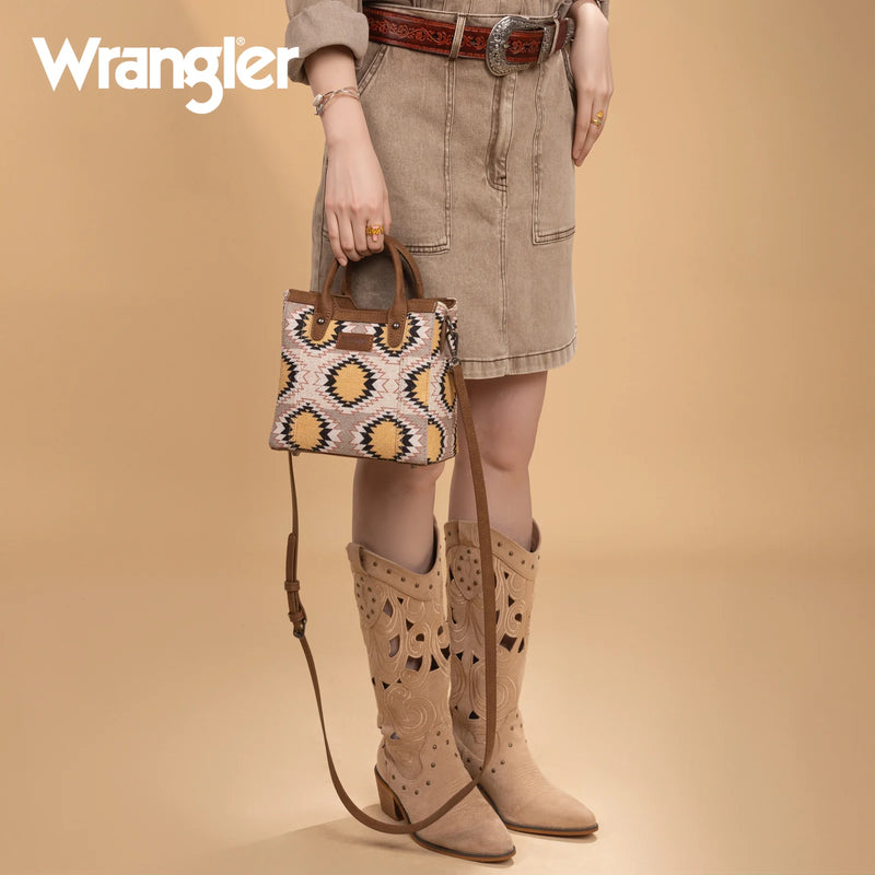 Load image into Gallery viewer, WG221-2022BG - Wrangler Aztec Distressed Print Dual Sided Print Mini Tote/Crossbody -Beige
