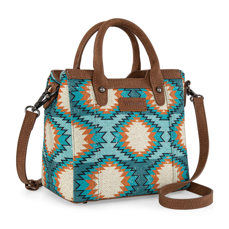 Load image into Gallery viewer, WG221-2022TQ - Wrangler Aztec Distressed Print Dual Sided Print Mini Tote/Crossbody -Turquoise
